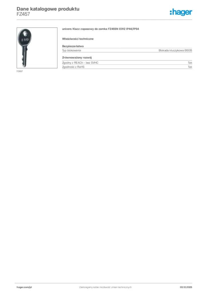 Zdjęcie Hager Karta katalogowa FZ457 | Hager Polska