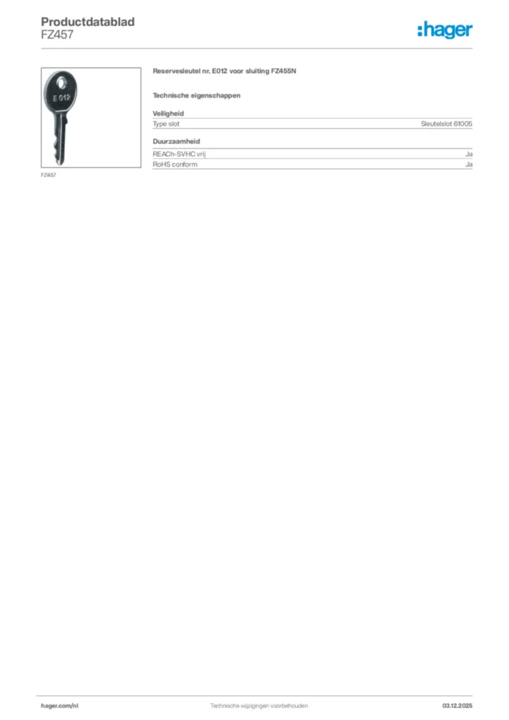 Afbeelding Hager Productdatablad FZ457 | Hager Nederland