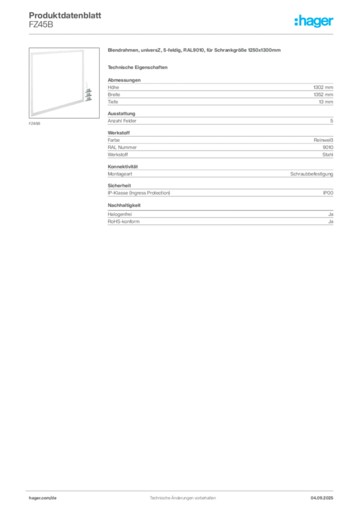 Bild Hager Produktdatenblatt FZ45B | Hager Deutschland