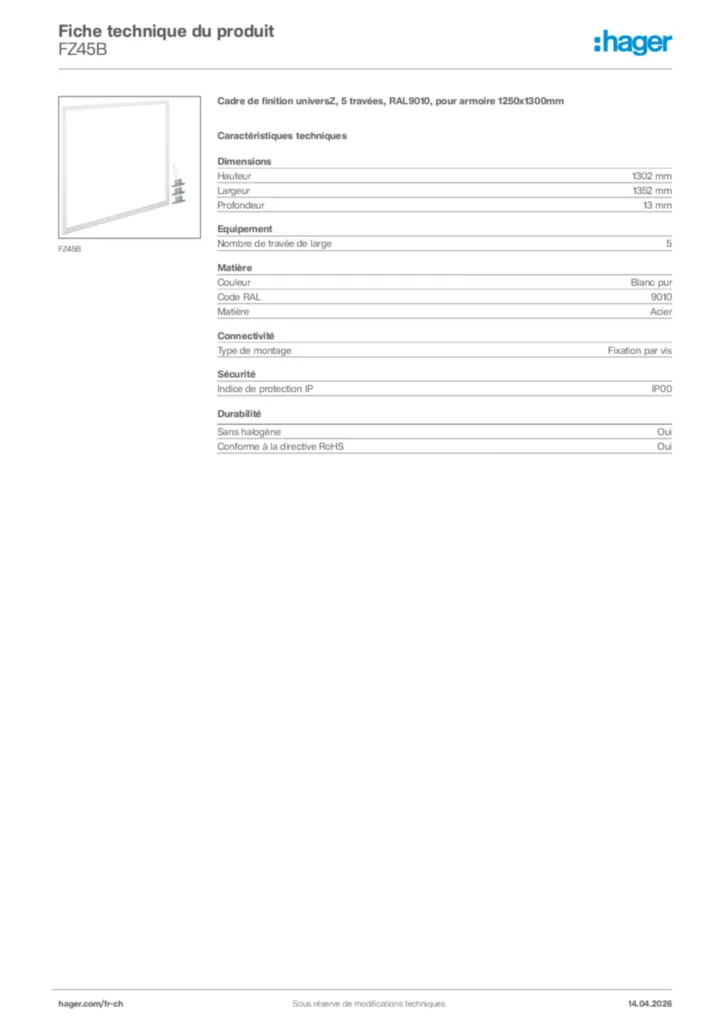 Image Hager Fiche technique du produit FZ45B | Hager Suisse