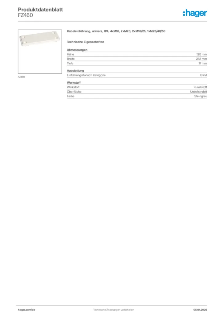 Bild Hager Produktdatenblatt FZ460 | Hager Deutschland