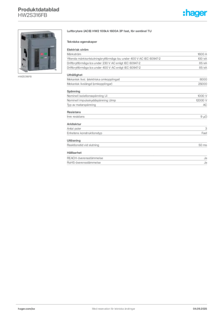 Bild Hager Produktdatablad HW2S316FB | Hager Sverige