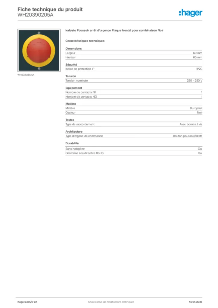 Image Hager Fiche technique du produit WH20390205A | Hager Suisse
