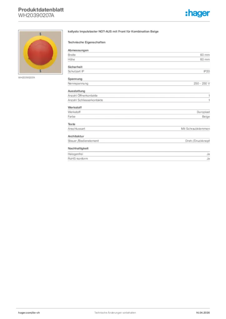 Bild Hager Produktdatenblatt WH20390207A | Hager Schweiz