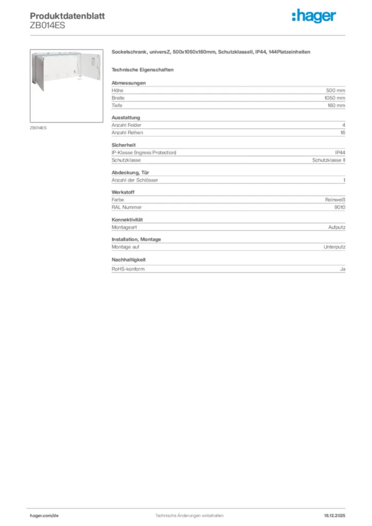 Bild Hager Produktdatenblatt ZB014ES | Hager Deutschland