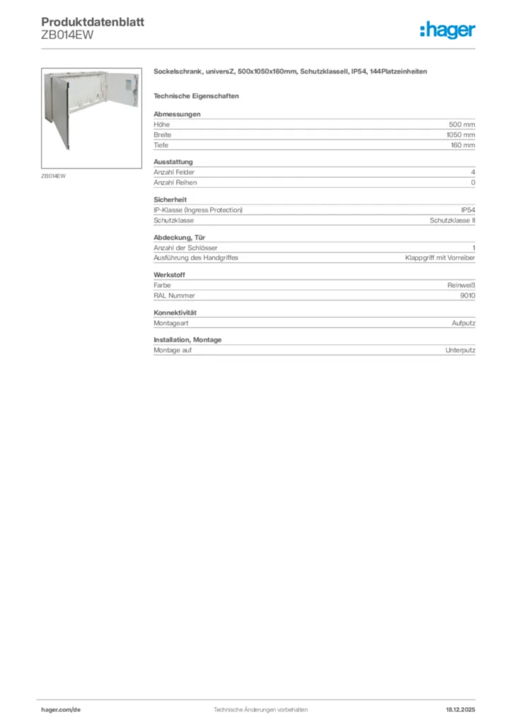 Bild Hager Produktdatenblatt ZB014EW | Hager Deutschland