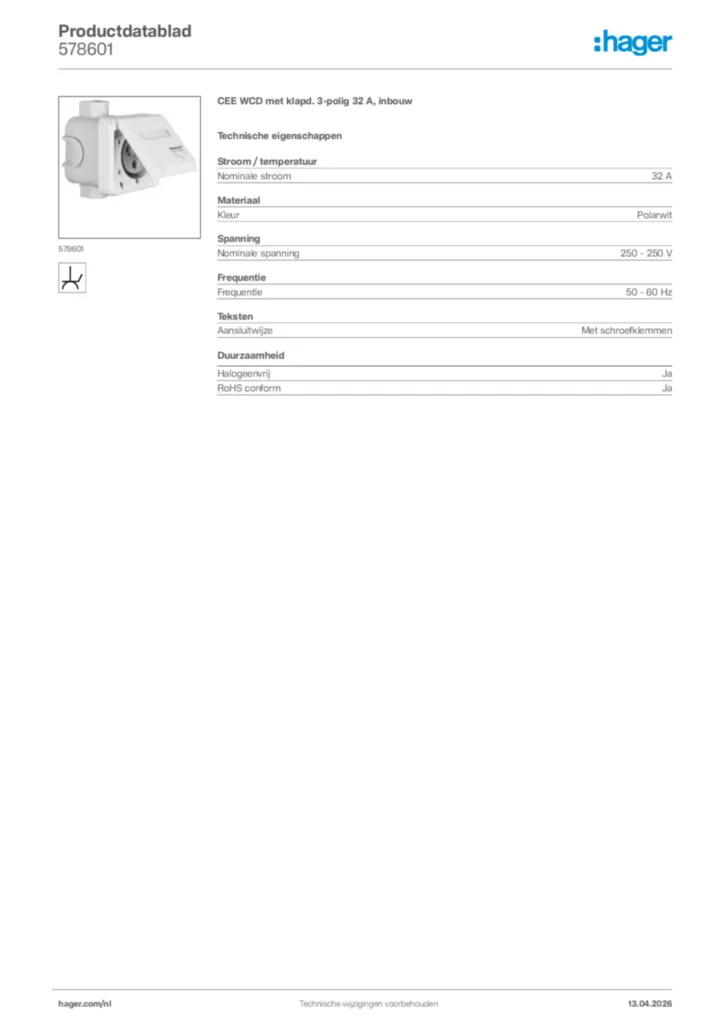 Afbeelding Hager Productdatablad 578601 | Hager Nederland