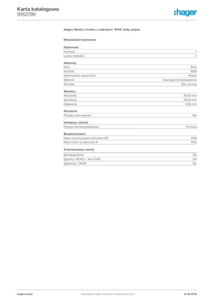 Zdjęcie Hager Karta katalogowa 9182799 | Hager Polska