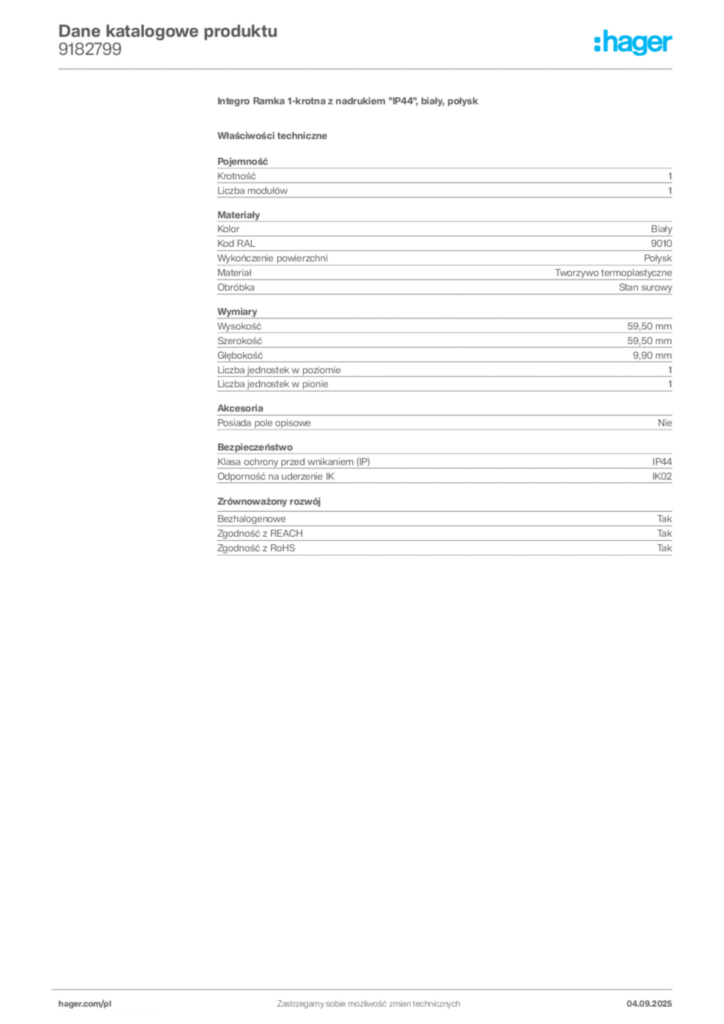 Zdjęcie Hager Dane katalogowe produktu 9182799 | Hager Polska