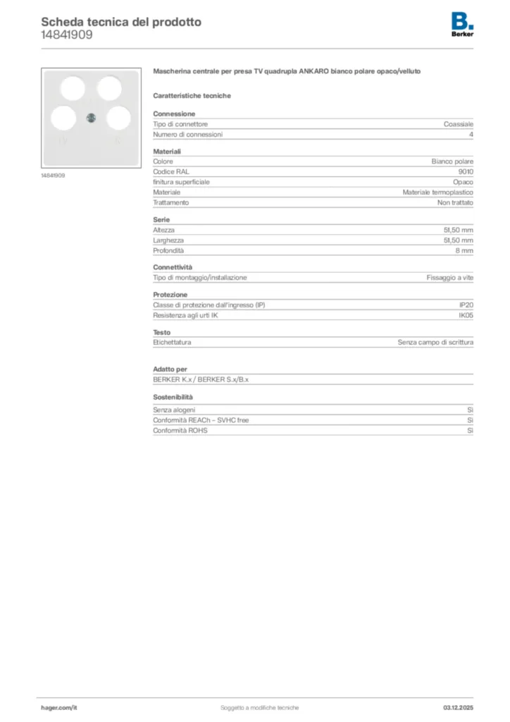 Immagine Berker Scheda tecnica del prodotto 14841909 | Hager Italia