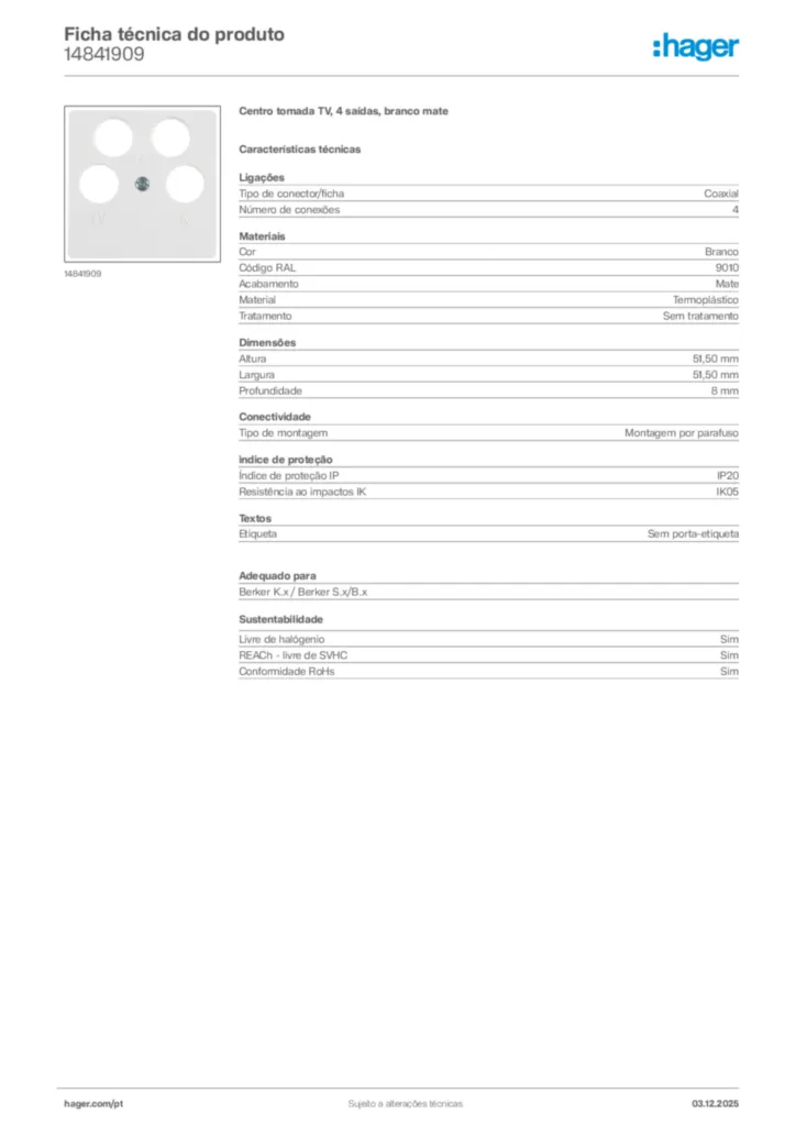 Imagem Hager Ficha técnica do produto 14841909 | Hager Portugal