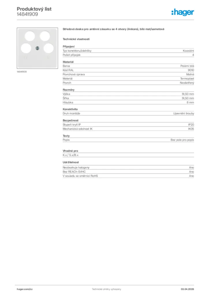 Obrázek Hager Product data sheet 14841909 | Hager