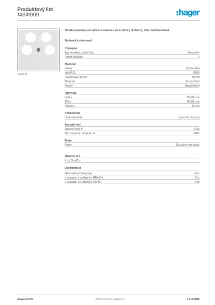 Obrázek Hager Product data sheet 14841909 | Hager