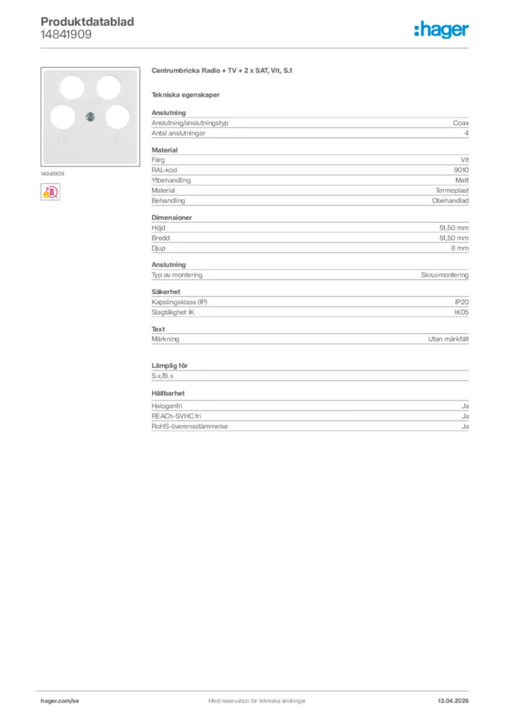 Bild Hager Produktdatablad 14841909 | Hager Sverige
