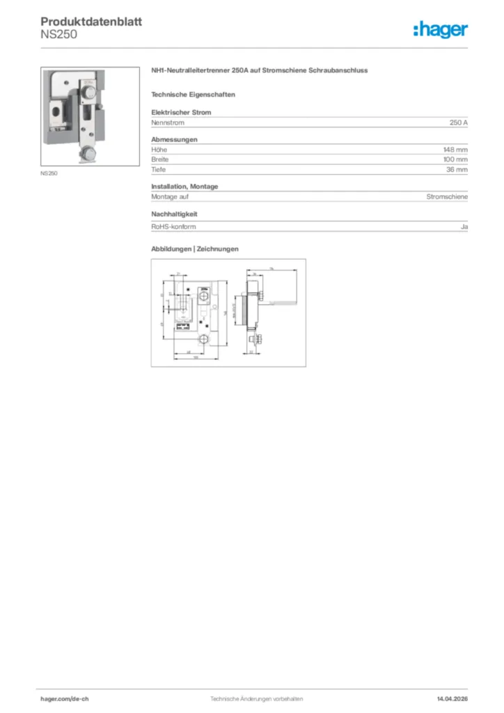 Bild Hager Produktdatenblatt NS250 | Hager Schweiz