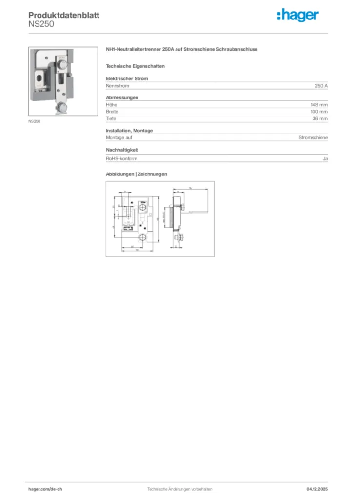 Bild Hager Produktdatenblatt NS250 | Hager Schweiz