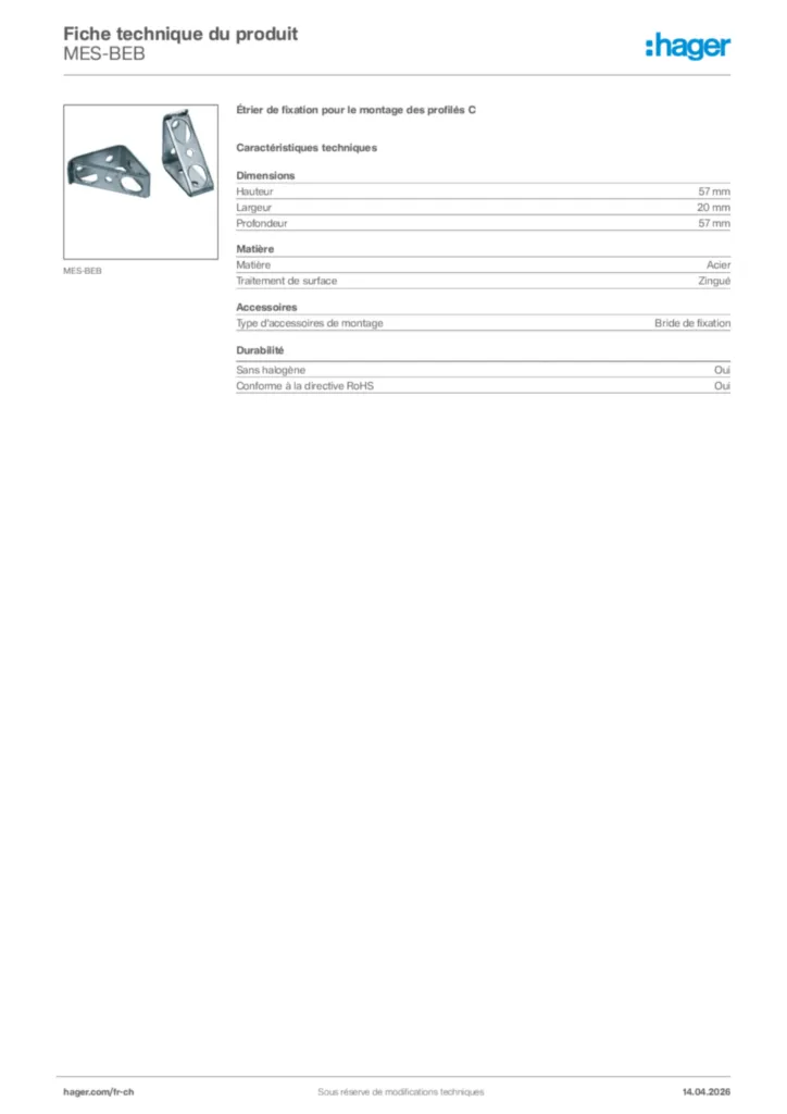 Image Hager Fiche technique du produit MES-BEB | Hager Suisse