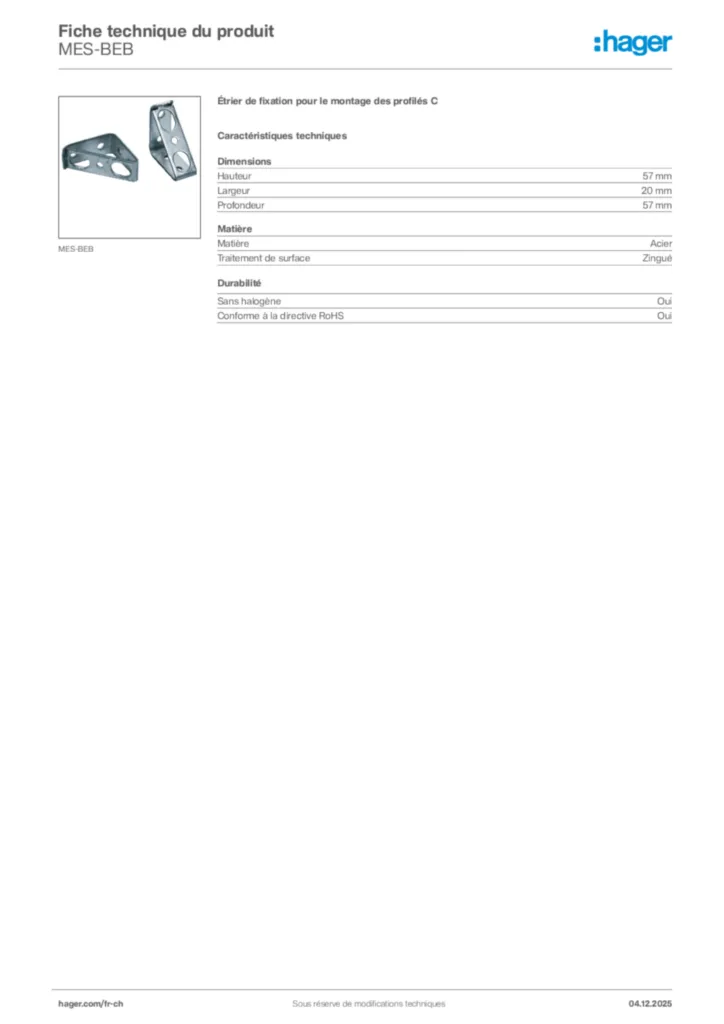 Image Hager Fiche technique du produit MES-BEB | Hager Suisse