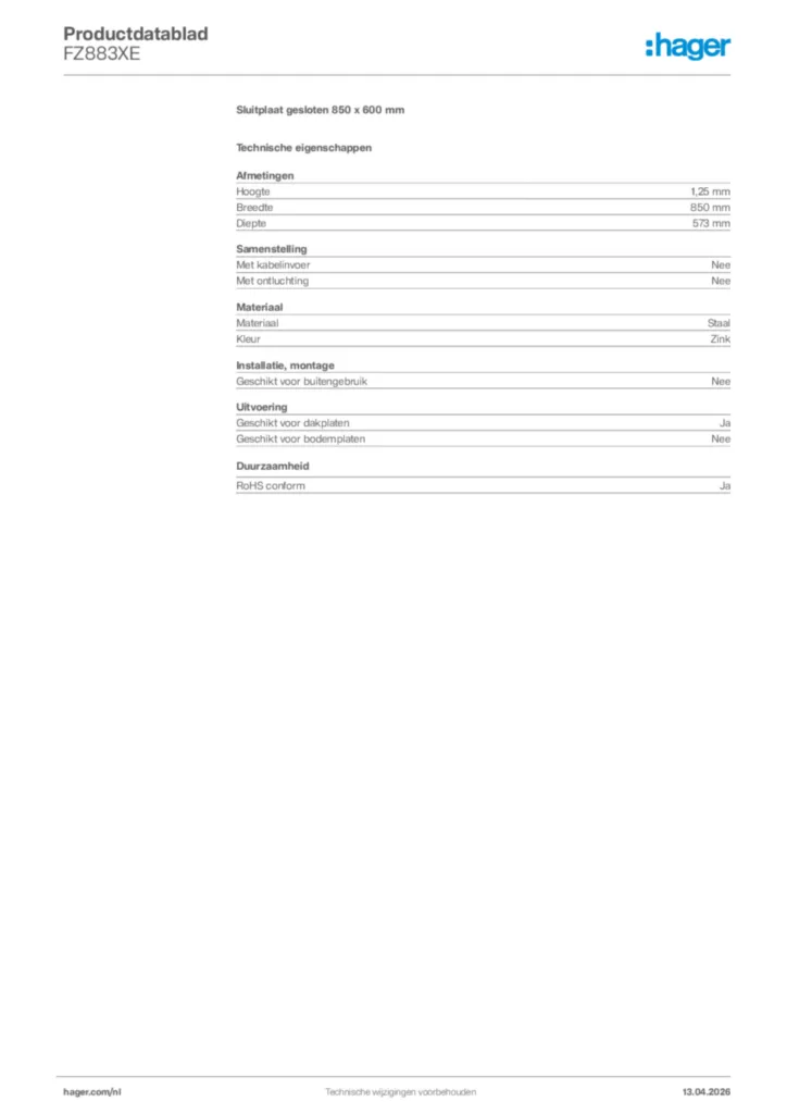 Afbeelding Hager Productdatablad FZ883XE | Hager Nederland