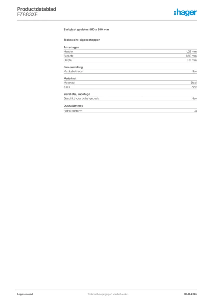 Afbeelding Hager Productdatablad FZ883XE | Hager Nederland