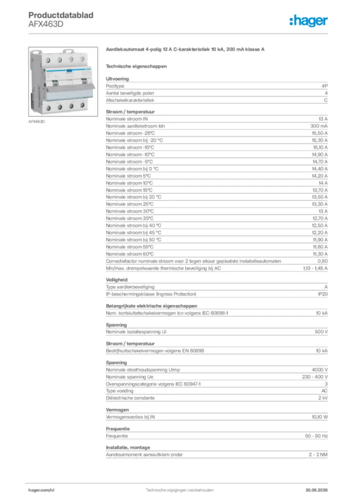 Afbeelding Hager Productdatablad AFX463D | Hager Nederland