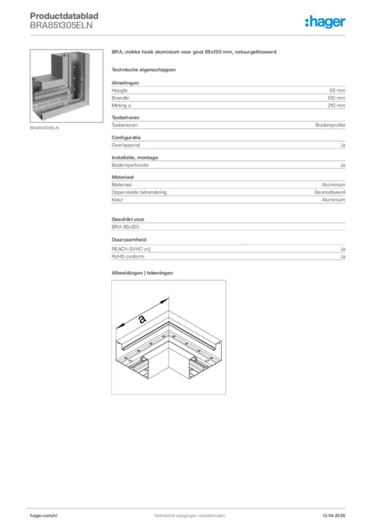 Afbeelding Hager Productdatablad BRA851305ELN | Hager Nederland