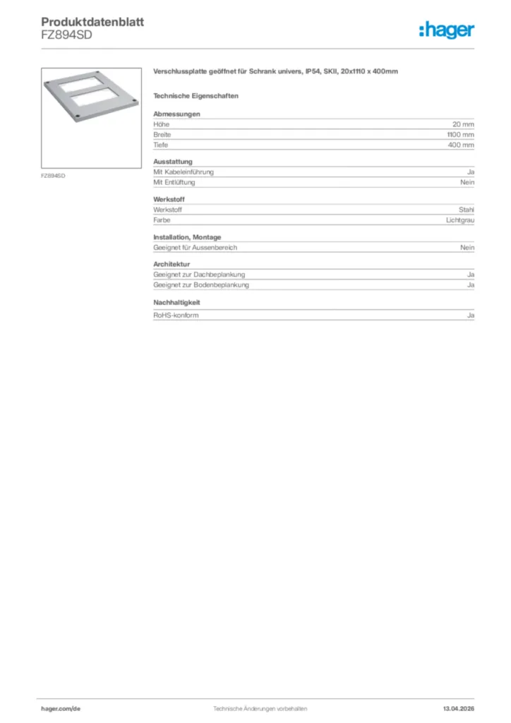Bild Hager Produktdatenblatt FZ894SD | Hager Deutschland