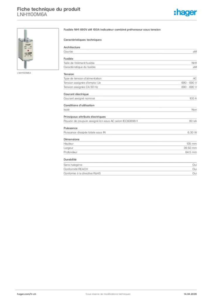 Image Hager Fiche technique du produit LNH1100M6A | Hager Suisse