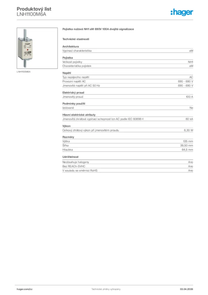 Obrázek Hager Product data sheet LNH1100M6A | Hager