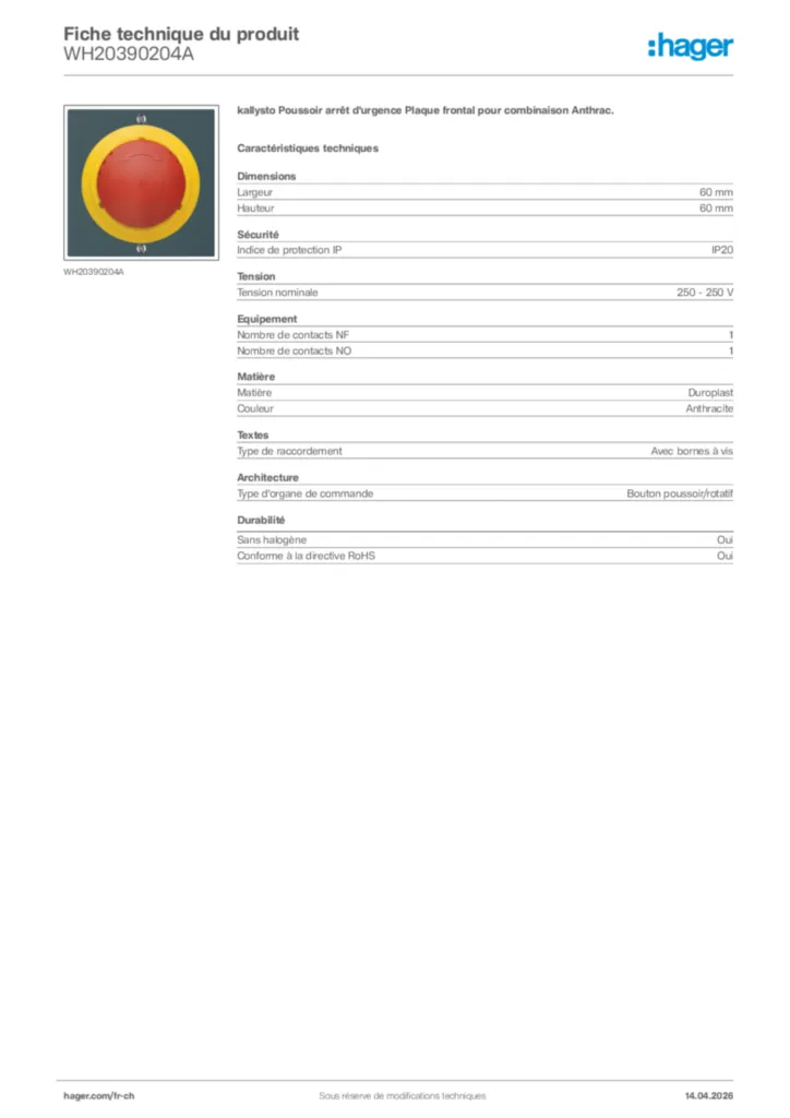 Image Hager Fiche technique du produit WH20390204A | Hager Suisse