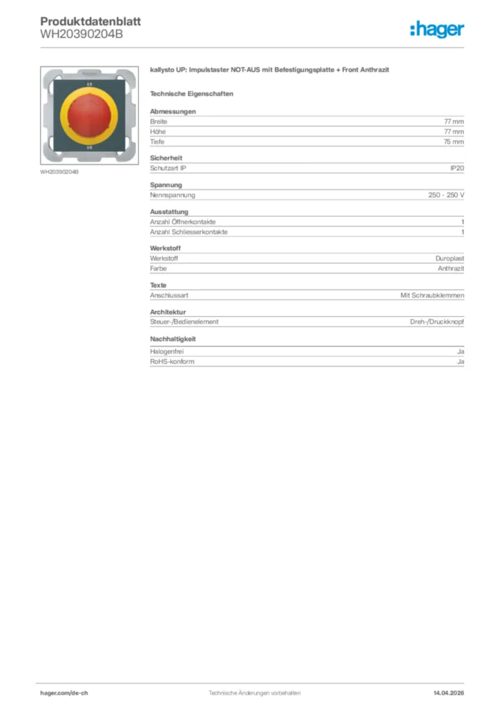 Bild Hager Produktdatenblatt WH20390204B | Hager Schweiz