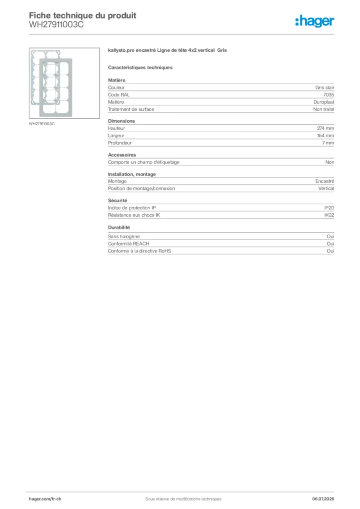Image Hager Fiche technique du produit WH27911003C | Hager Suisse