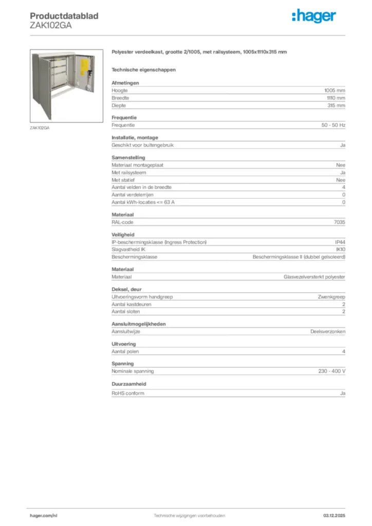 Afbeelding Hager Productdatablad ZAK102GA | Hager Nederland