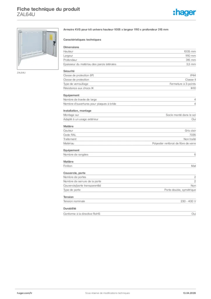 Image Hager Fiche technique du produit ZAL64U | Hager France