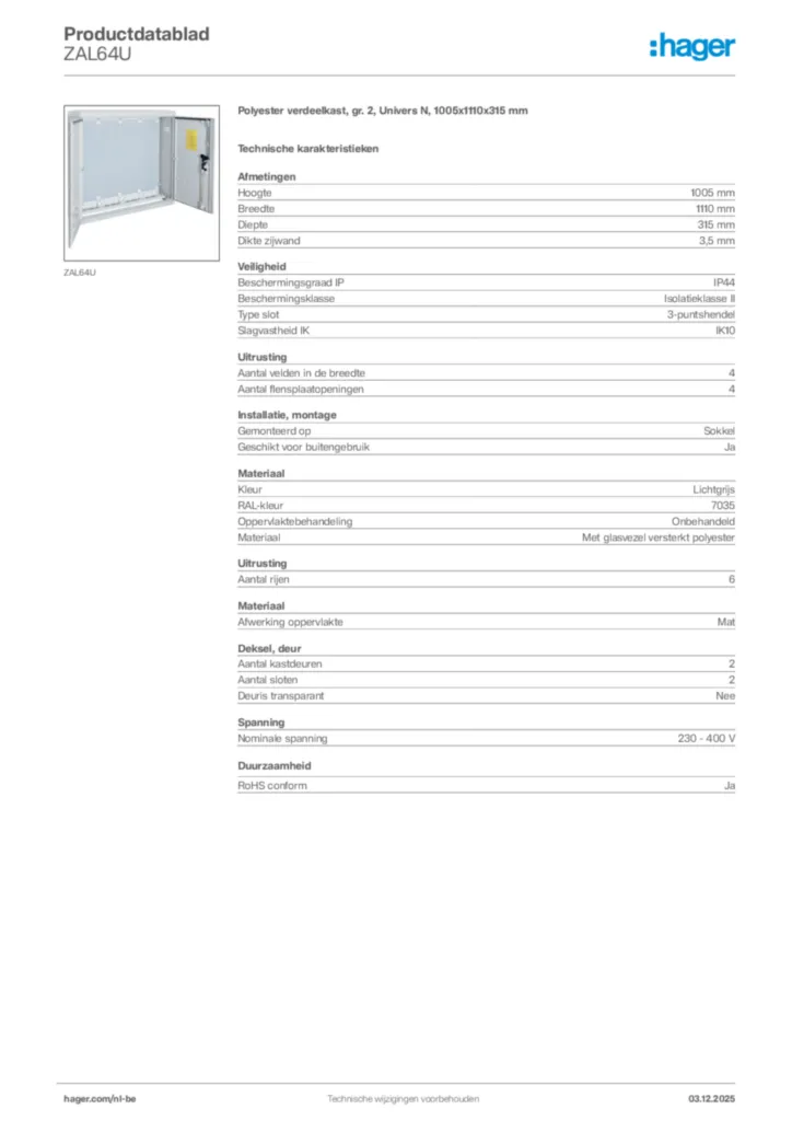 Afbeelding Hager Productdatablad ZAL64U | Hager Belgium