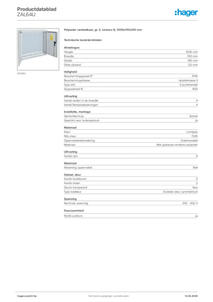 Afbeelding Hager Productdatablad ZAL64U | Hager Belgium