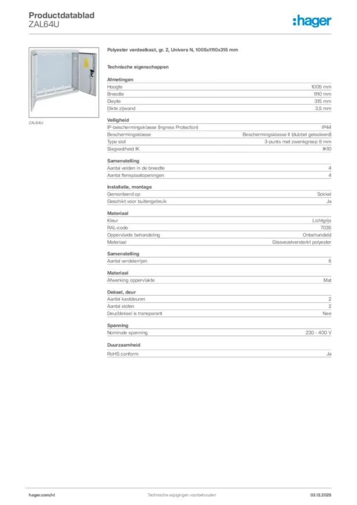 Afbeelding Hager Productdatablad ZAL64U | Hager Nederland