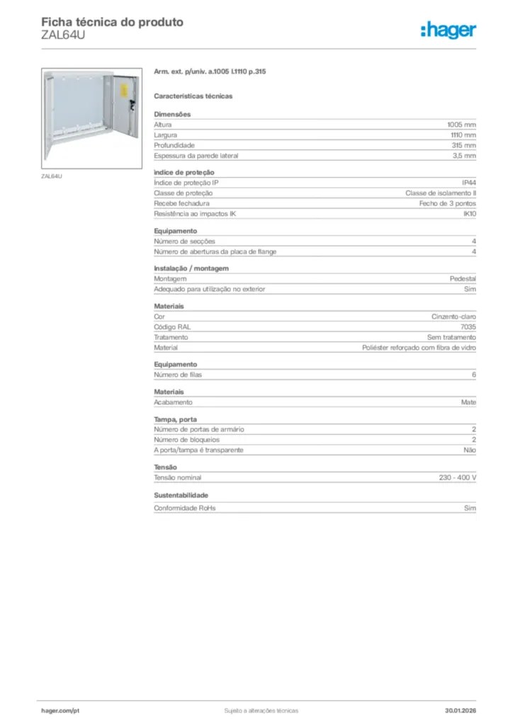 Imagem Hager Ficha técnica do produto ZAL64U | Hager Portugal