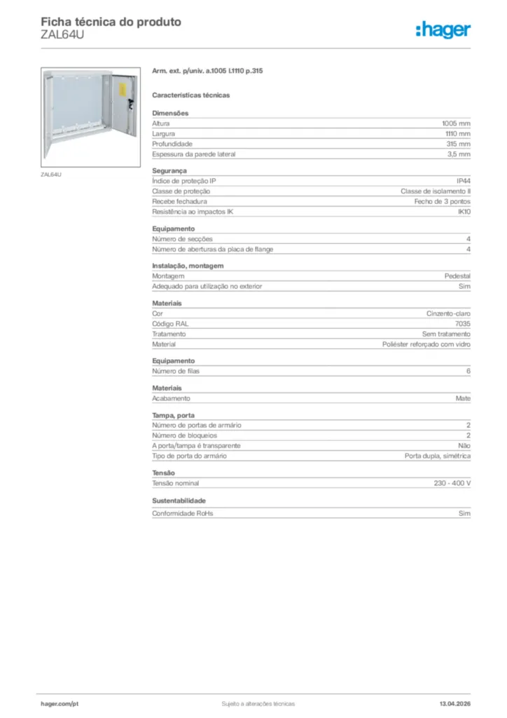 Imagem Hager Ficha técnica do produto ZAL64U | Hager Portugal