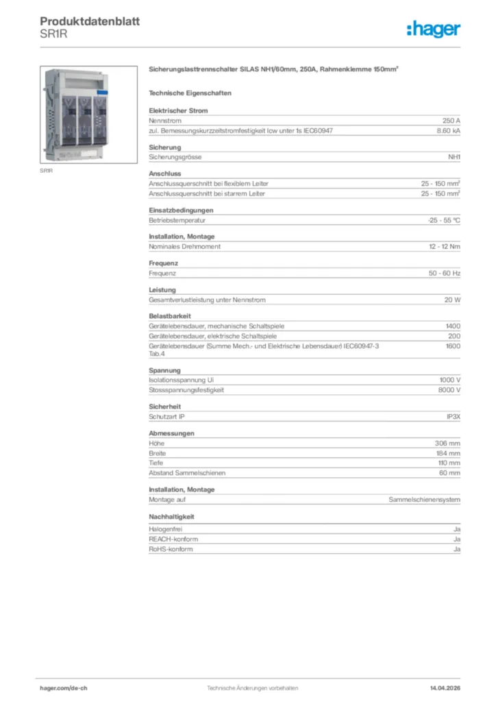 Bild Hager Produktdatenblatt SR1R | Hager Schweiz