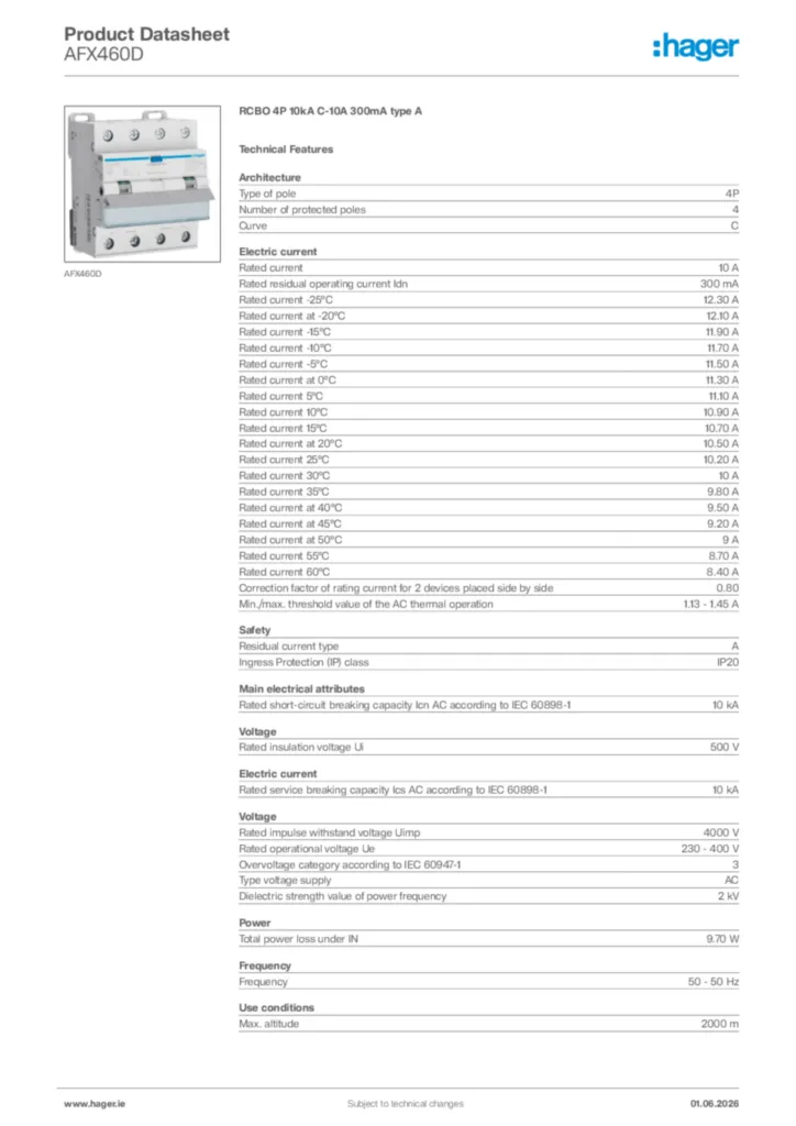 Image Hager Product data sheet AFX460D  | Hager