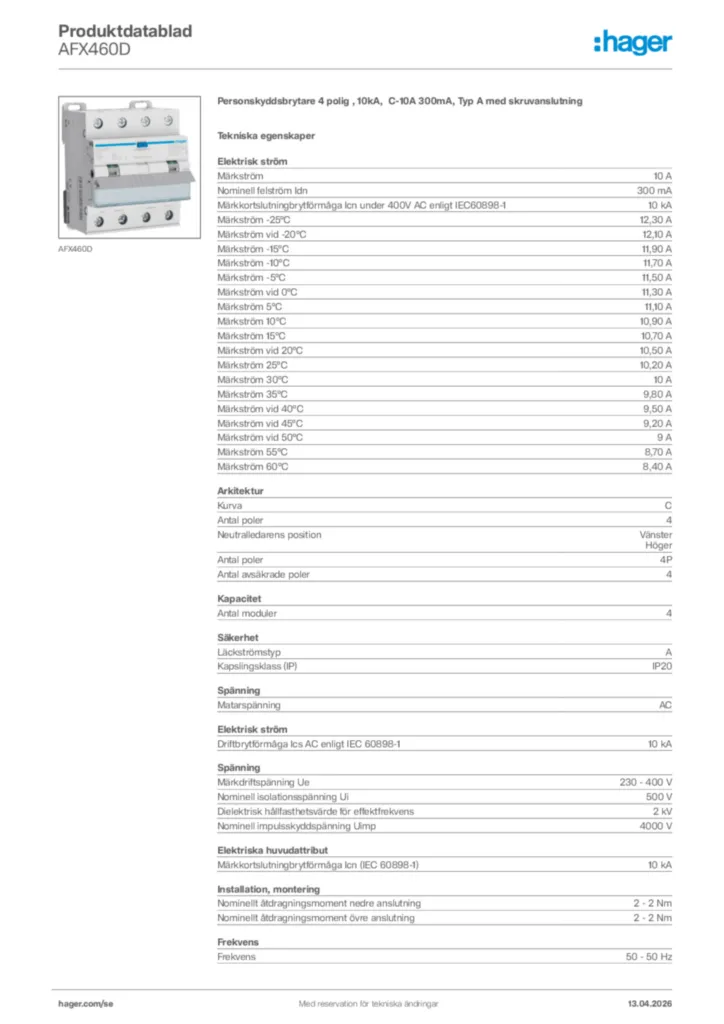 Bild Hager Produktdatablad AFX460D | Hager Sverige