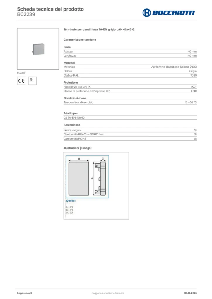 Immagine Bocchiotti Scheda tecnica del prodotto B02239 | Hager Italia