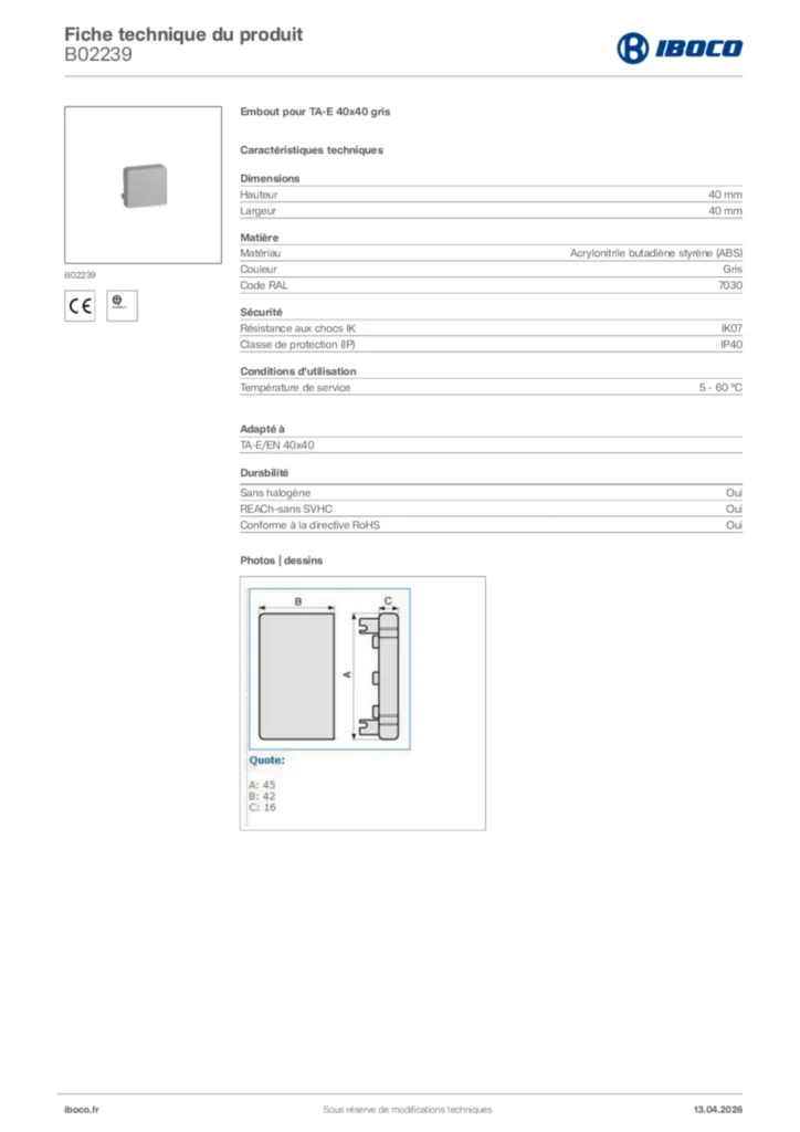 Image Iboco Fiche technique du produit B02239 | Hager France