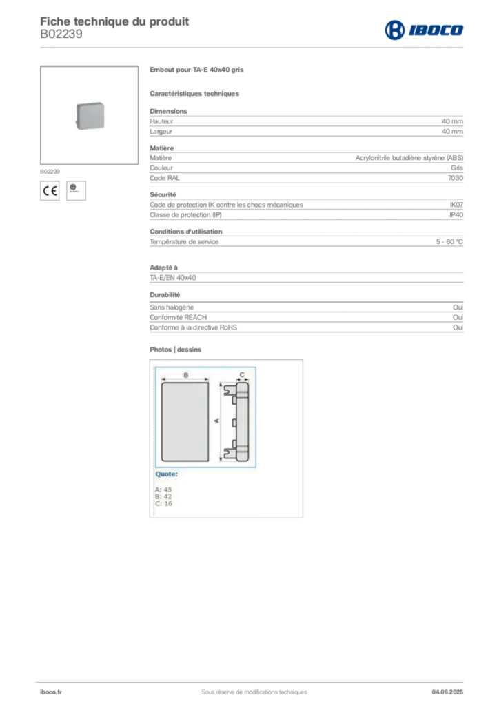 Image Iboco Fiche technique du produit B02239 | Hager France