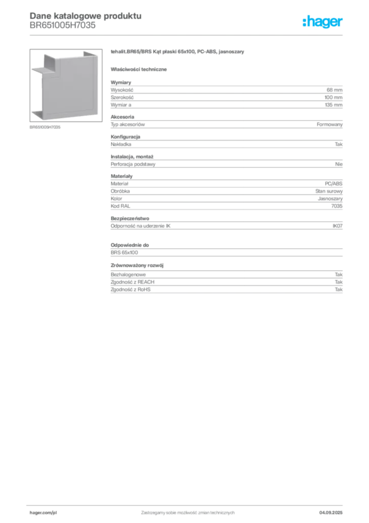 Zdjęcie Hager Dane katalogowe produktu BR651005H7035 | Hager Polska
