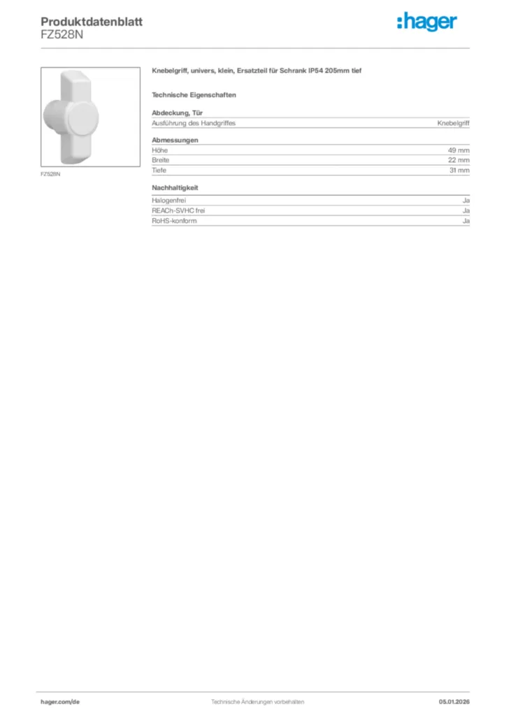 Bild Hager Produktdatenblatt FZ528N | Hager Deutschland