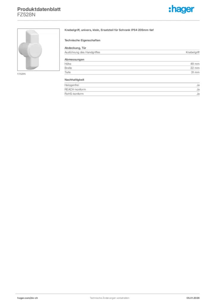 Bild Hager Produktdatenblatt FZ528N | Hager Schweiz