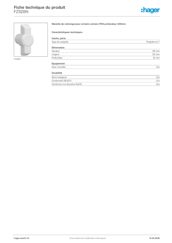 Image Hager Fiche technique du produit FZ528N | Hager Suisse