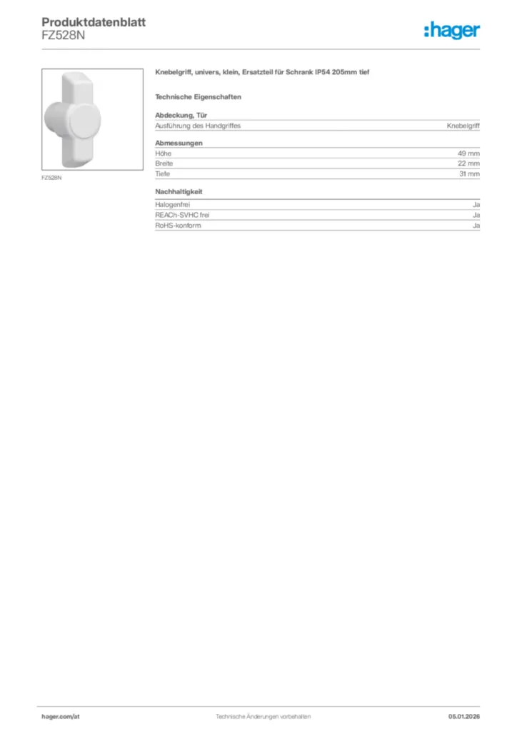 Bild Hager Produktdatenblatt FZ528N | Hager Deutschland